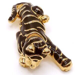 Vintage Tiger Brooch Gold Tone Metal Black Enamel Stripped Moveable Head Pin